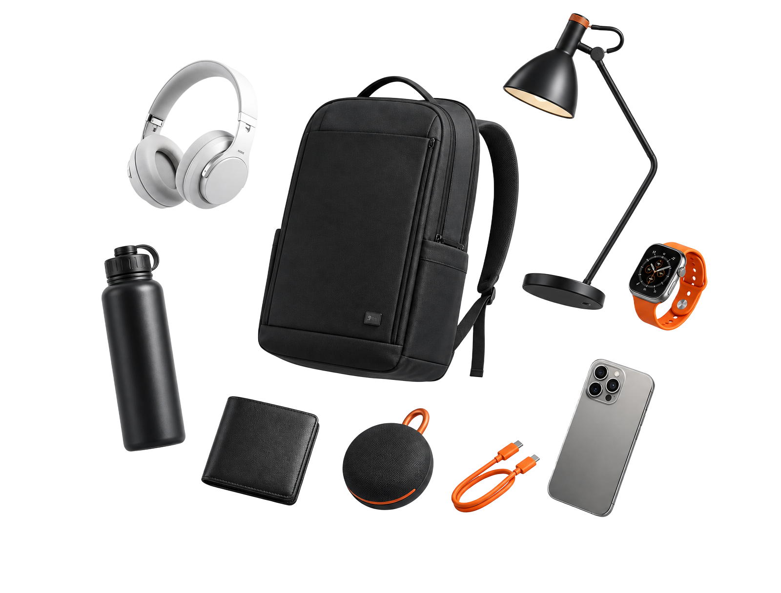 Curated lifestyle products: backpack, headphones, lamp, smart watch and accessories